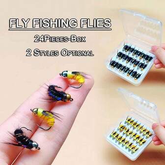 24Pcs/Box Artificial Humpy Fly(Yellow&Black) Fly Flies Fishing Lure Artificial Bait Fishing For Trout Bass Salmon Flies Nymph Dry Fly Fishing Bait