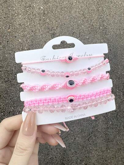 5件套 时尚经典多色幸运珠手工可调节邪眼水晶手链 女士女孩脚链 饰品礼品