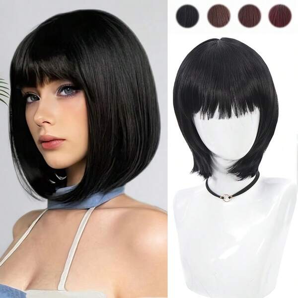 Kurze gerade Bob Perücke in Schwarz für Frauen, synthetische Perücke mit Pony, Damen Hochtemperatur-Seidenperücke für Halloween, Weihnachten, Silvester, Karneval, Musikfestivals und den täglichen Gebrauch