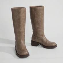 Athlefit Women's Knee-High Boots With Square Toe, Wide Calf, Slip-On Design, Chunky Low Heel Riding Boots - Màu nâu nhạt - Xem 4