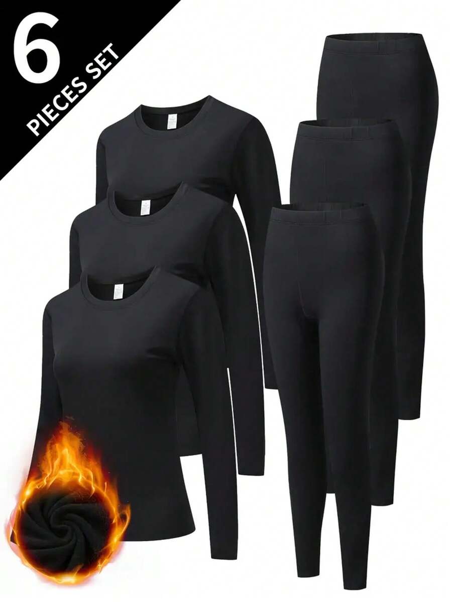 6-Piece Women's Thermal Underwear Set - Casual Daily Sports Set - Double-Layer Design, Thickened Close-Fitting Top And Compression Pants, Suitable For Use In The Cold Autumn And Winter - Black - View 1