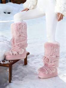 Women's Faux Fur Knee High Boots  Fuzzy Fluffy Furry Snow Boots Round Toe With Lace-Up Design Cute Warm Suitable For Christmas Halloween And Winter - Pink 1 - View 1