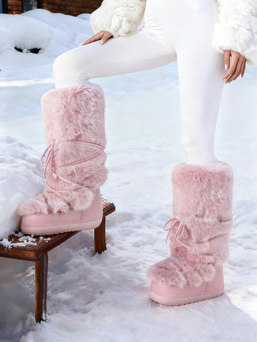 Women's Faux Fur Knee High Boots  Fuzzy Fluffy Furry Snow Boots Round Toe With Lace-Up Design Cute Warm Suitable For Christmas Halloween And Winter - Pink 1 - View 1