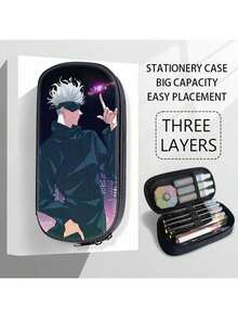 1pc Gojo, Yuji, Sukuna, Geto, Nanami, Megumi Anime Themed Personalized Cartoon Cute Pattern Canvas Tote Bag, Pencil Case, Office Stationery Pouch, Large Capacity Zipper Pen Bag, Suitable For Office Supplies, Christmas, Halloween, Back To School Gifts - Multicolor - View 17