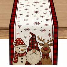1 pieza Camino de mesa a cuadros rojos y negros de Navidad, hecho de tela de poliéster con patrones clásicos de gnomos, muñecos de nieve y renos de Navidad, ideal para la decoración de la mesa de la cocina de estilo granja, reuniones familiares y decoración de la mesa de cena de Año Nuevo.