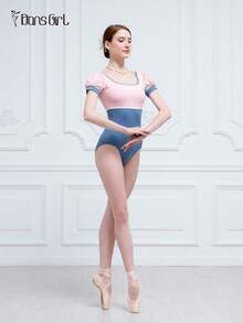 DonsGirl 一件式甜美可爱女式芭蕾舞紧身衣，复古法式花袖撞色连体衣，舞蹈表演服装 - 藍色 - 查看 5