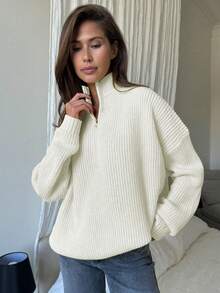 Women's Simple Ribbed Solid Color Casual Korean Textured Commuter Loose Versatile Stand Collar Zipper Half-Placket Pullover Long Sleeve Sweater, Spring/Autumn/Winter White - White - View 3