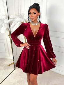 AIJ Amarilo Elegant Agra Red Color Sexy V-Neck Slim Fit A-Line Puff Sleeve Velvet Flash Sequin Party Mini Dress, Suitable For Party And Daily Commuting, Halloween, Fall Wedding Guest Dress, Christmas Women's Clothing, New Year Women, Fall/Winter Clothes For Women - Burgundy - View 6