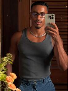 Men's Casual Basic Star Boy Style Cotton Tank Top - 深灰色 - 查看 4