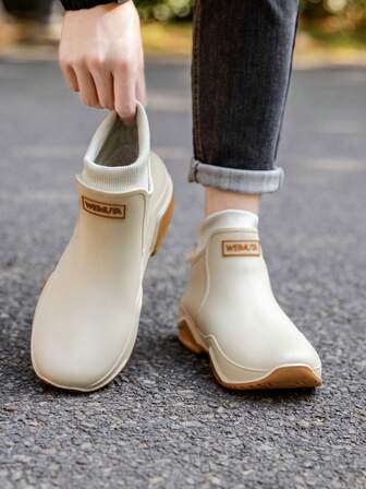 Women's Short Rain Boots, Unisex, With Fleece, Casual Work Waterproof Shoes, Color-Blocked Outdoor Water Shoes.