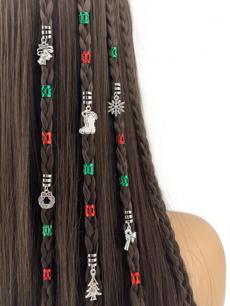 26Pcs Christmas Decor Pendant Dreadlock Braid Hair Beads Braids Hair Rings Hippie Style Hair Accessories For Women(Christmas), Claw Clips - Silver - View 1