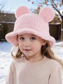 1 pieza Sombrero de cubo de peluche con orejas grandes para bebé, sombrero de cubo unisex sólido, cálido y a prueba de viento, versátil y lindo, para otoño/invierno