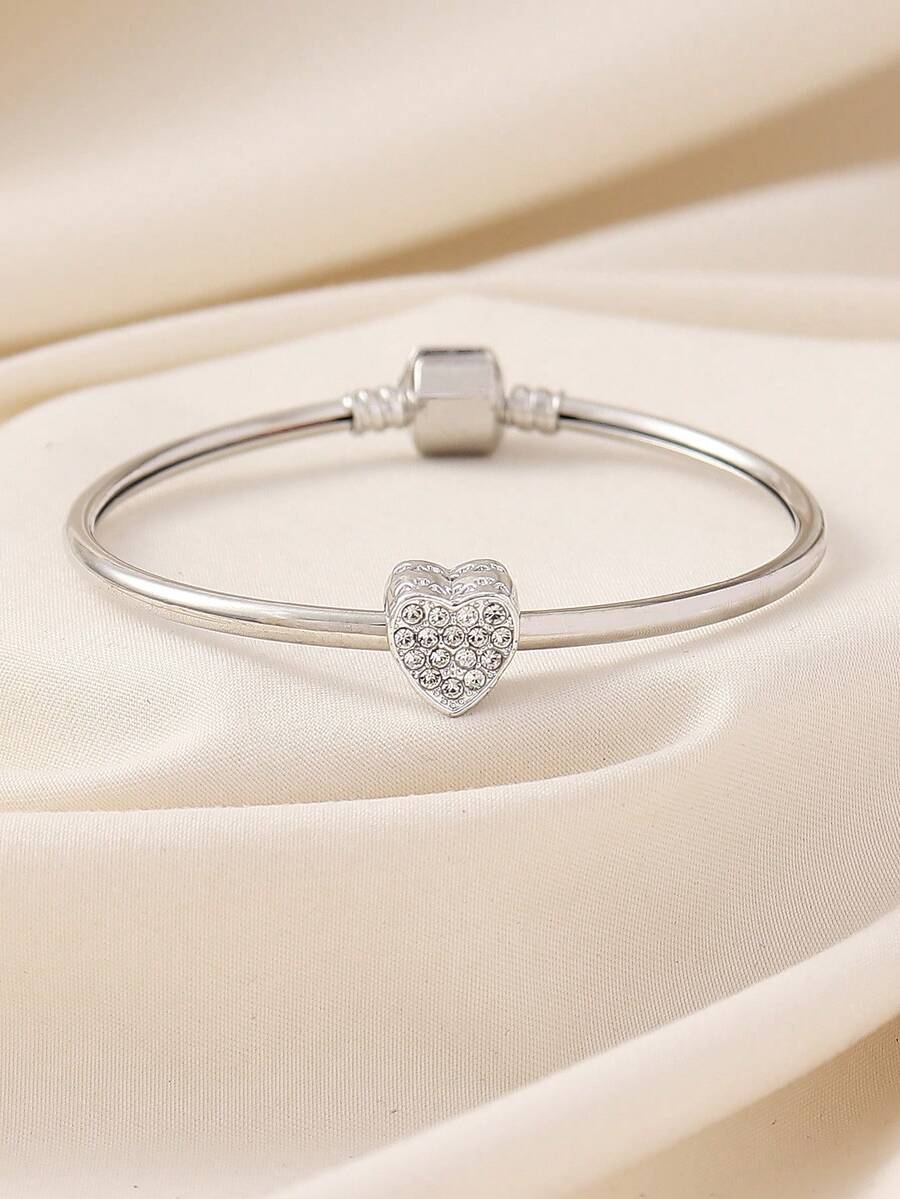 Rhinestone Heart Decor Bangle Valentines - Silver - View 1
