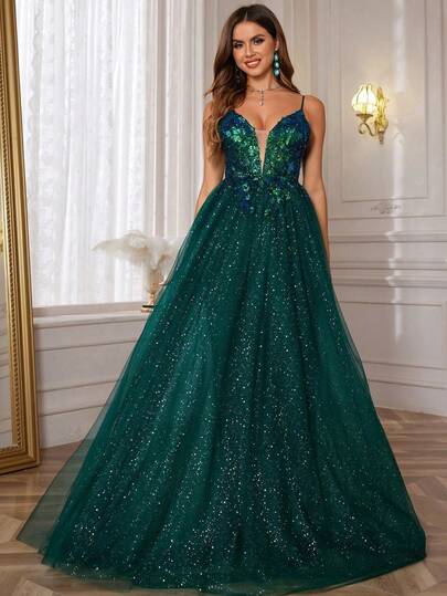 Sparkly Tulle Lace Prom Dresses Long With Sequin Embroidery Deep V Neck Spaghetti Straps Homecoming Dresses For Teens Backless A Line Elaborate Formal Evening Dresses For Women Floor Length Party Gown With Little Train, For Valentine's Day Wedding Spring