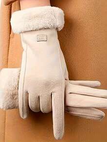 1 双女士冬季触屏手套，人造毛皮袖口绒面革手套，温暖时尚的寒冷天气手套，适合驾驶、户外活动，4 种颜色（灰色/粉色/米色/黑色） - 彩色 - 查看 11