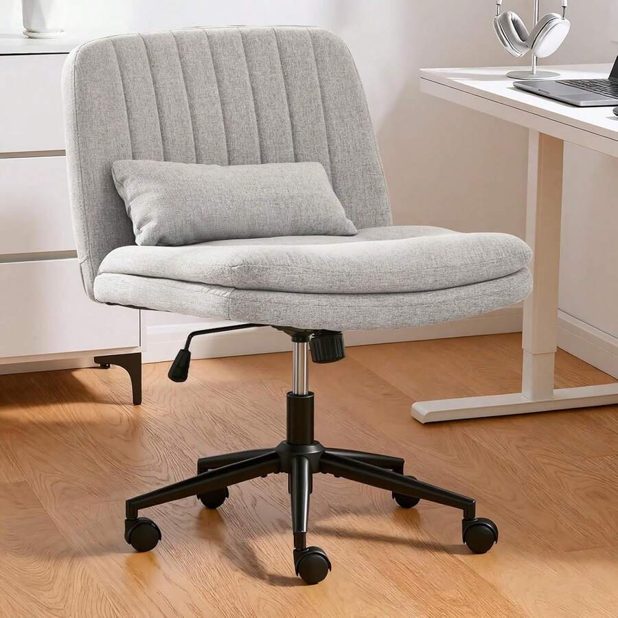 Armless Office Chair With Wheels, Linen Fabric Computer Desk Chair With Wide Seat And High Back, Adjustable Height Swivel Chair With Lumbar Support For Office, Bedroom And Vanity - 亞麻灰 - 查看 1
