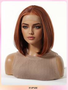 [Velvet Locks]New 13*4 Glueless Front Lace 13 Inch Burgundy Short Straight Wig, Fashionable Women No Bangs, Pre-Trimmed, Heat-Resistant Synthetic Hair, Soft And Smooth, Suitable For Beginners Daily Wear, Y2K Style, Party, Cosplay, Dance, Travel, Festival - 酒紅色 - 查看 3