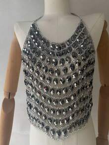 1pc Luxurious Rhinestone Embellished Halter Necklace Chain, Fashionable Multilayer Pearl Decor Body Chain Suitable For Party Outfits - Bright Silver - View 6