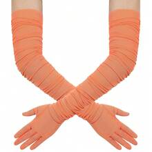 Hazhlko Women's Super Long Stretchy Ruched Mesh Tulle Sheer Gloves Costume Opera Party 1920's Dance Gloves{"Color_name":"RustRed"} - 銹紅 - 查看 2