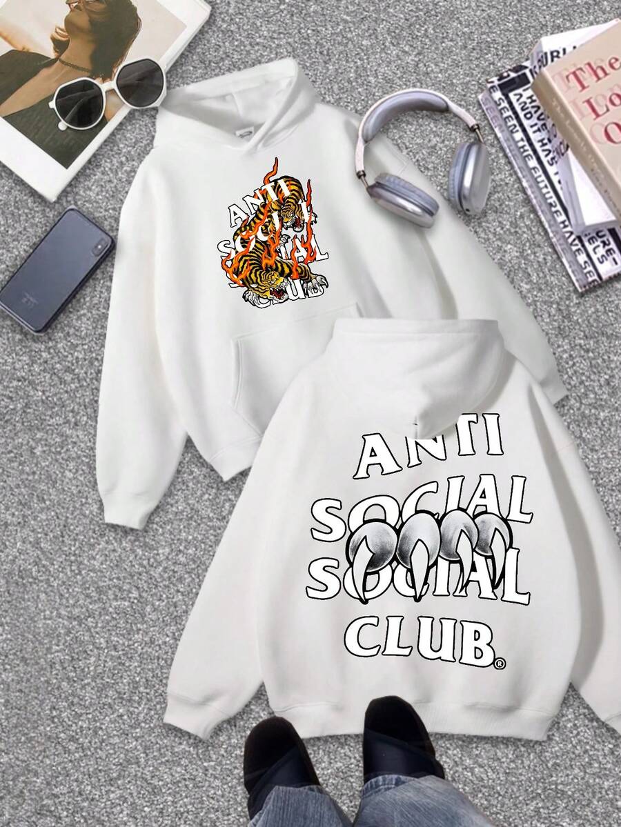 Black Hooded Sweatshirt For Men And Women, Featuring An Anti-Social Club Tiger Flame Print With Claw Marks And Text Design. Perfect For Casual Streetwear And Suitable For Daily Outings - Ideal For Teenagers And Adults. A Great Gift Choice For Birthdays And Holidays. Cotton Hoodie - Youth Sweatshirt - Birthday Gift For College Students - Halloween Gift - Men's Autumn And Winter Jacket. - trắng - Xem 1