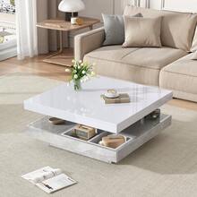 Functional Coffee Table With High-Gloss Surface, Living Room Table, 360° Rotating 2-Tier Table With Storage Drawer, White Lounge Table, Black Frame 70*70*36 - Marble + White + Particle Board - View 3