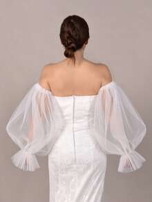 1 双灯笼袖新娘手套，长款荷叶边网眼露指手套，浪漫可拆卸袖子，适合婚纱 - B款米色 - 查看 6