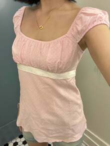 Women Grunge Fairy Top Y2K Tie Bow Polka Dot Cami T-Shirt Vintage Fairycore Scoop Neck Slim Tank Tops Cute Backless Crop Shirt For Summer Streetwear Aesthetic Clothes - 粉紅色 - 查看 1