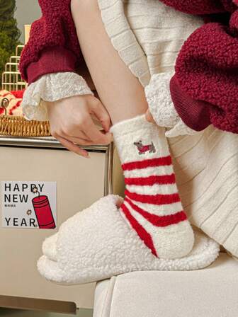 1 Pair Women's Christmas Socks, Cartoon Snowman & Santa Claus Embroidery, Thick Thermal Lined, Warm And Cozy Floor Socks For Autumn/Winter