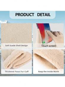1 双女士冬季触屏手套，人造毛皮袖口绒面革手套，温暖时尚的寒冷天气手套，适合驾驶、户外活动，4 种颜色（灰色/粉色/米色/黑色） - 彩色 - 查看 9