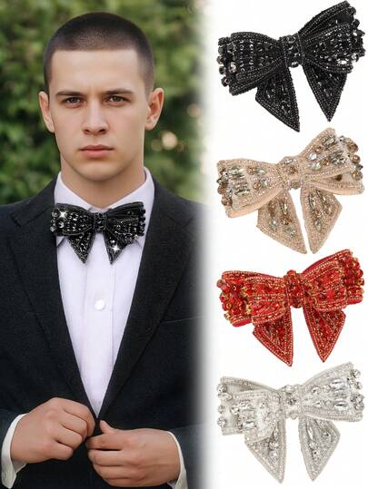 1枚男士时尚闪亮水晶水钻蝴蝶结胸针，适合约会、派对、节日、舞台表演等场合。