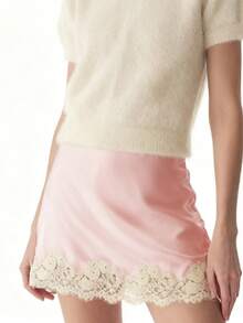 Women Satin Floral Lace Trim Mini Skirts Silky Low Rise A Line Half Slip Underskirt Y2k Bodycon Short Skirt - 粉色 - 查看 3