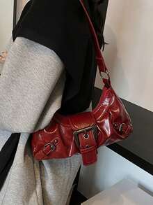 1pc Women's Vintage Milady Distressed Soft Leather Motorcycle Bag With Rivets, Needle Buckle, Pleats, Cloud Shaped, Shoulder Crossbody And Clutch Bag For Work, Commuting, Dating, Parties, Crescent Moon Bag For Women, Fashionable Burgundy Bag, Retro Inspired Bag For Women, Vintage Bag For Women, Halloween Purse Perfect For Fancy Party Halloween Fashion & Gothic Fashion - Màu Đỏ Sâu - Xem 10