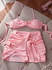 3pcs Women's Swimsuit, Basic Sexy Bikini Sexy Style Solid Colour,Retro Swim Sarong Coverups Beach Outfits For Woman Christmas Party Outfit ,Gift For Her,Valentine Vacation - Pink - View 7