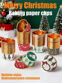 50pcs-Christmas Cake Paper Cups, Dessert Cup,Muffin Cups,Cupcake Cups For Bakery Paper Cups, Cupcake Cases, Waterproof And Oil Resistant Paper, Cake Molds,Desserts Table Baking Muffins, Chiffon, Mousse Cupcakes High Temperature Aluminum Foil Cupcake Cups Bread Oven Cake Trays Suitable,Christmas Theme Party