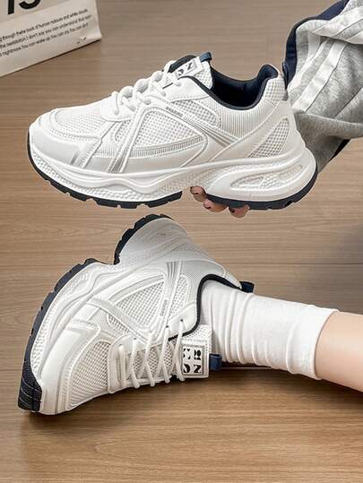 Women's Breathable Mesh Thick Sole Chunky Sneakers, Odor-Resistant Lace-Up Casual Shoes, Versatile Sporty Sneakers, Solid Color, Suitable For Spring And Autumn