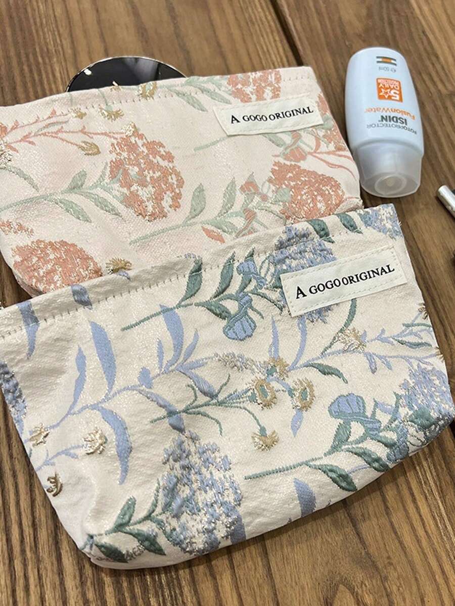 Floral Cosmetic Bag, Cute & Compact Makeup Bag, Women/Girls Travel Toiletry Pouch, Large Capacity Zipper Cosmetic Case, Wallet Storage Bag (Green & Purple Floral) - Multicolor - View 1