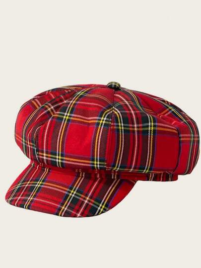 1 pieza Boina a cuadros rojos y verdes de estilo retro británico, gorra de artista de alta gama para otoño/invierno, gorra octogonal de vendedor de periódicos, estilo callejero