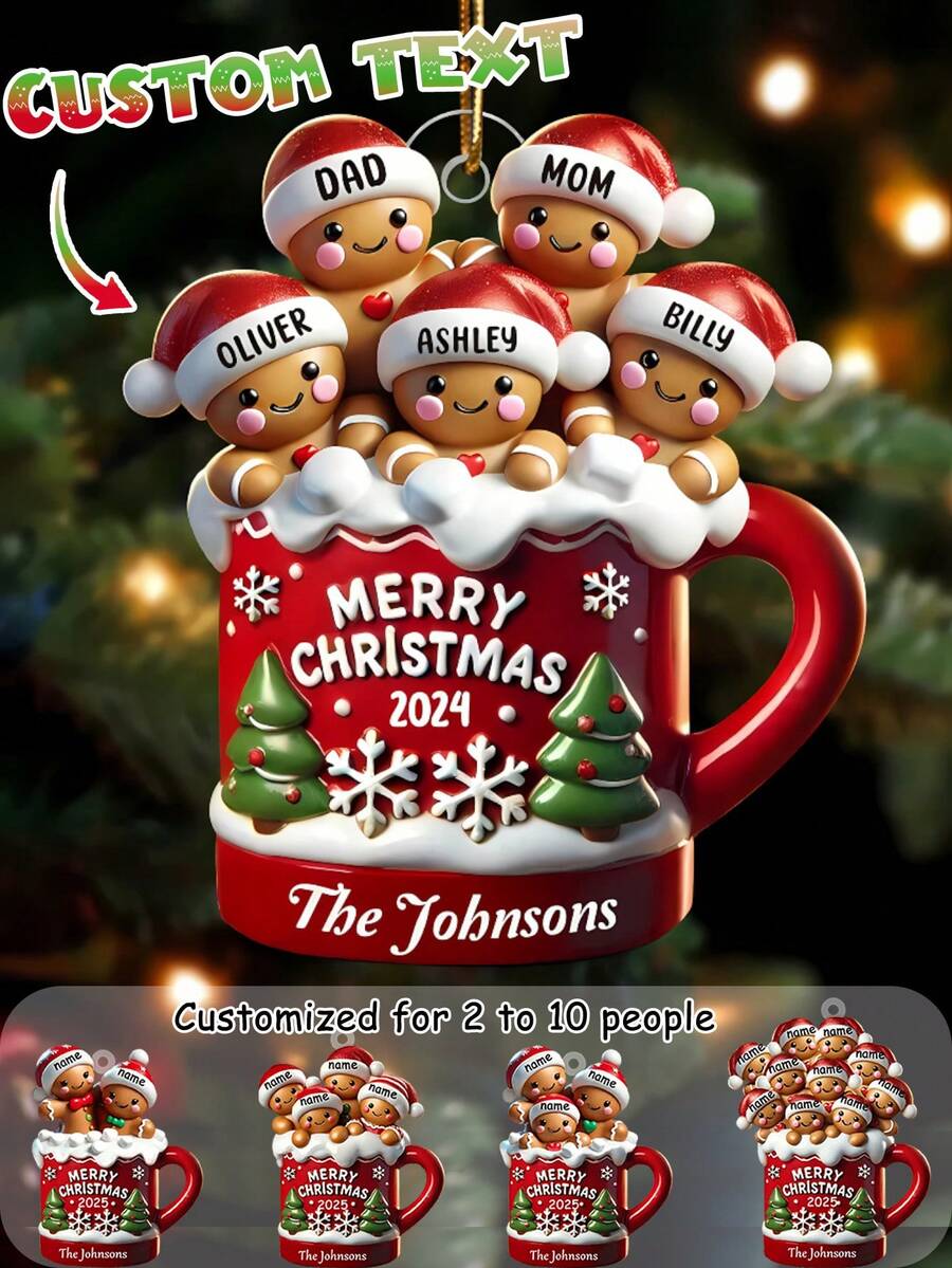 Ornamento personalizzato con nome di famiglia, decorazione per tazza di pan di zenzero personalizzata, decorazione natalizia 2025 per appendere all'albero di Natale, regalo ricordo per la casa, ornamento personalizzato per 2-10 nomi, decorazione natalizia di , regalo collezionabile invernale per genitori, amici, coppie, idea regalo per la casa, calza della Befana