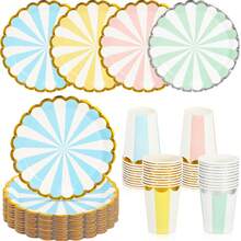 Plates For Party  Dinnerware Set Include 7 Inch Paper Pastel Dessert Plates And 12 Oz Cups For Birthday Party Supplies  Shower Wedding (Stripe Style,80 Pcs),25836758 - 墨綠色 - 查看 1