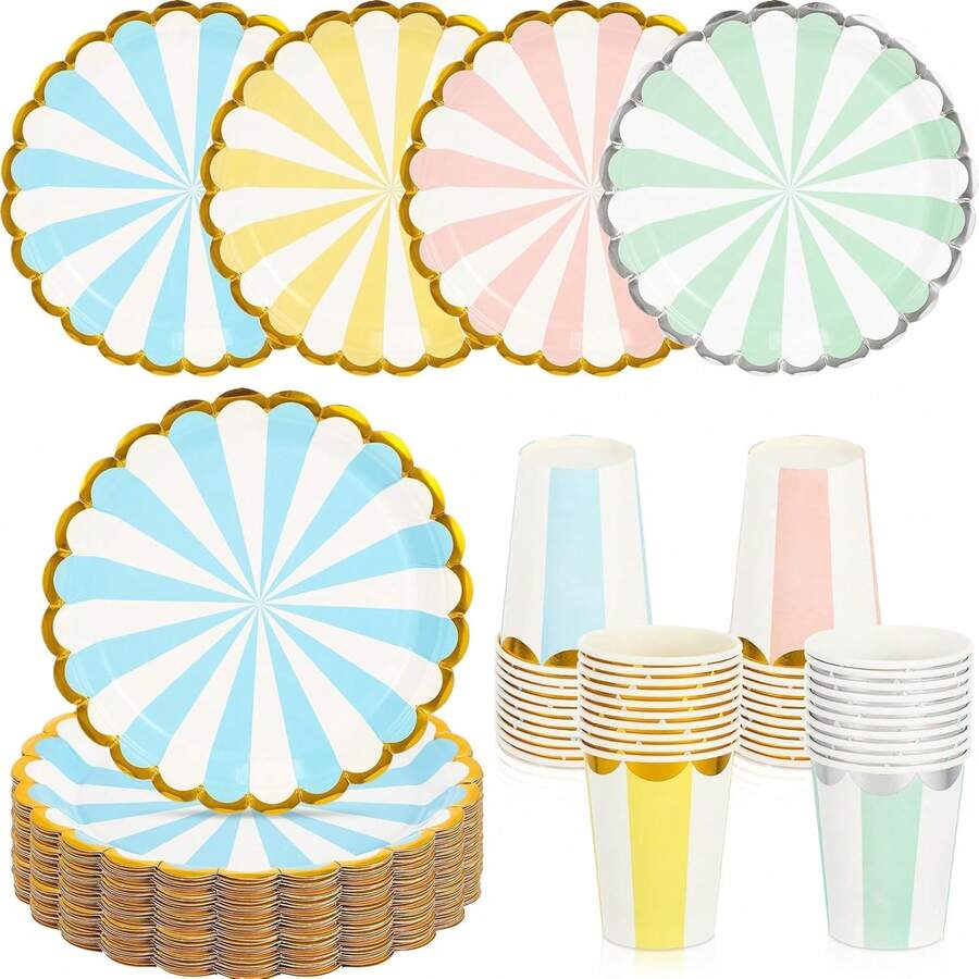 Plates For Party Dinnerware Set Include 7 Inch Paper Pastel Dessert Plates And 12 Oz Cups For Birthday Party Supplies Shower Wedding (Stripe Style,80 Pcs),25836758 - 墨綠色 - 查看 1