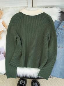 秋冬学院风撞色蝴蝶结翻领长袖刺绣女士毛衣上衣开衫羊毛衫，街头潮流 - 綠色 - 查看 7