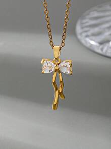 1pc 18K Gold Plated Stainless Steel Bow Pendant Necklace, Women's Fashion Bow Jewelry, Waterproof Stainless Steel Accessory - Bow Pendant Necklace - View 2