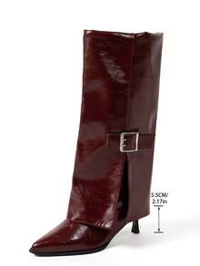 Pointed Toe Riding Boots, Fashionable Tall Metal Buckle Slim High Heel Straight Tube Leg Boots, Slimming Knee-High Boots