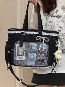 1个可爱日系风格女童单肩包，饰有珍珠蝴蝶结和蕾丝边，尽显优雅气质，适合动漫角色扮演，肩带可拆卸可调节，大容量手提包，适合日常使用、通勤、购物、旅行、学生等场合。 - 黑與白 - 查看 5