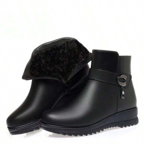 Autumn/Winter Thermal Lined Short Boots, Non-Slip Mother Shoes Flat Heel Mid-Heel Short Shaft Warm Black Boots