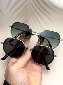 2pcs Men/Women Fashion Geometric Polygon Fashion Glasses, Metal Frame Decoration Outdoor Indoor Street Style Glasses, Black/Gold/Silver/Brown Color, Suitable For All Seasons, Thickened Frame With Ventilation Holes - 1*銀/灰+1*銀/漸綠 - 查看 10