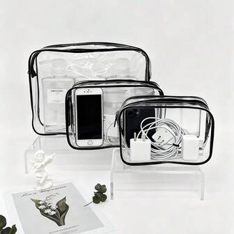 3-Piece Desk Organizer Set, Includes Stationery Organizer, Cable Organizer, Cosmetic Bag, Toiletry Bag, Financial Stamp Holder, School Supplies Organizer, Office Electronics Organizer, Waterproof PVC Travel Toiletry Bag Set (Unisex) - Transparent Zipper Cosmetic Bag Multi-Function Storage Pouch