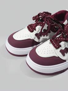 DareSee 女士低帮透气帆布运动鞋，系带休闲平底鞋，适合上学穿着，简约时尚，酒红色，圣诞礼物 - 紅色 - 查看 6