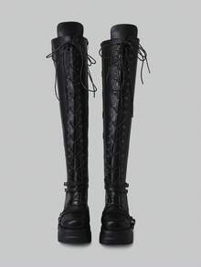 DareSee 女士过膝弹力靴 厚底坡跟系带过膝长靴 机车哥特朋克高跟靴 黑色女靴 圣诞礼物