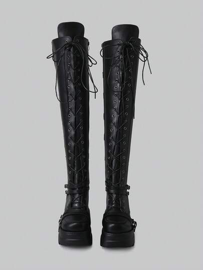 DareSee 女士过膝弹力靴 厚底坡跟系带过膝长靴 机车哥特朋克高跟靴 黑色女靴 圣诞礼物